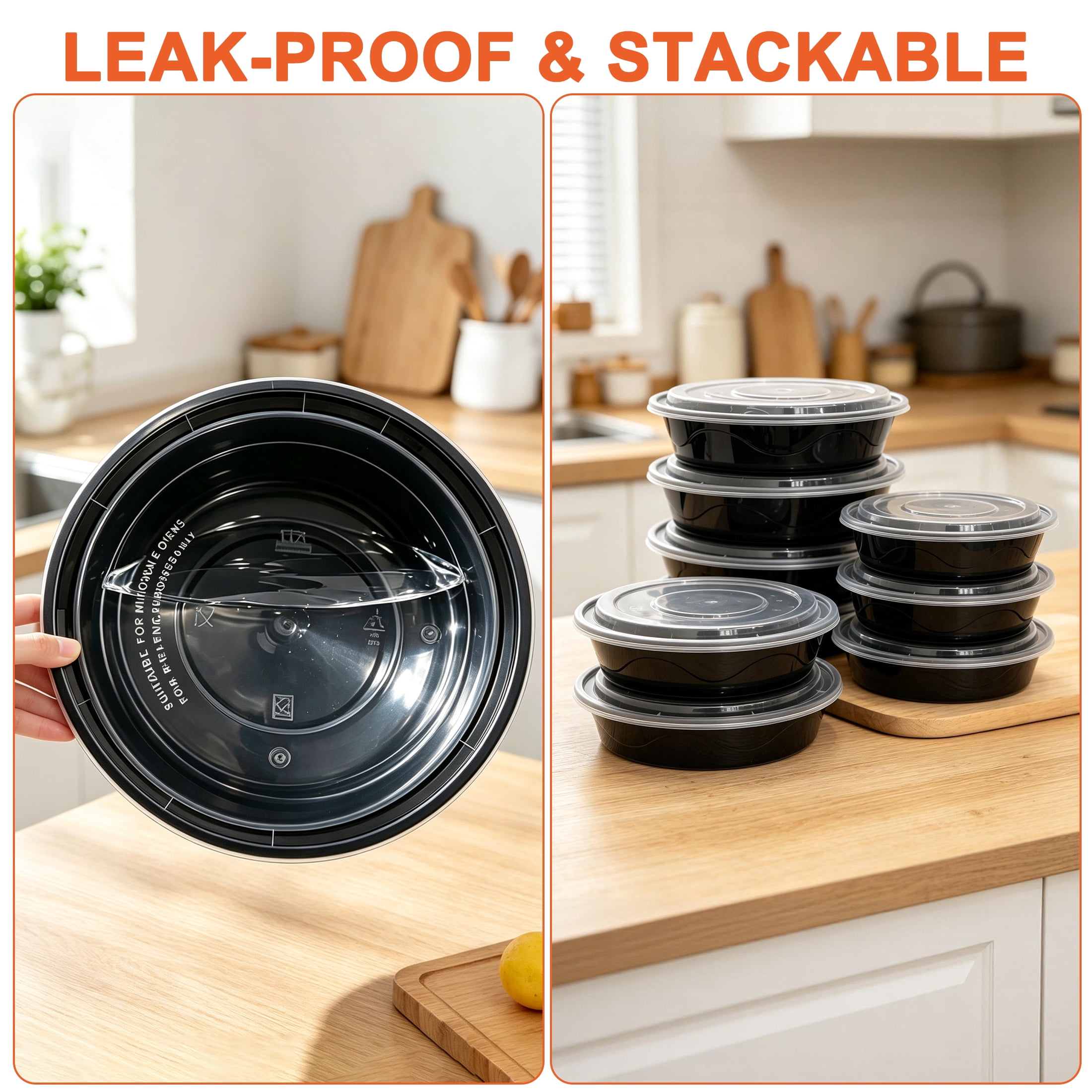 GARITIN 15 Pack Meal Prep Containers 40 Oz, Round Plastic Food Storage Bowls with Lids, BPA‑Free Microwave & Freezer Safe
