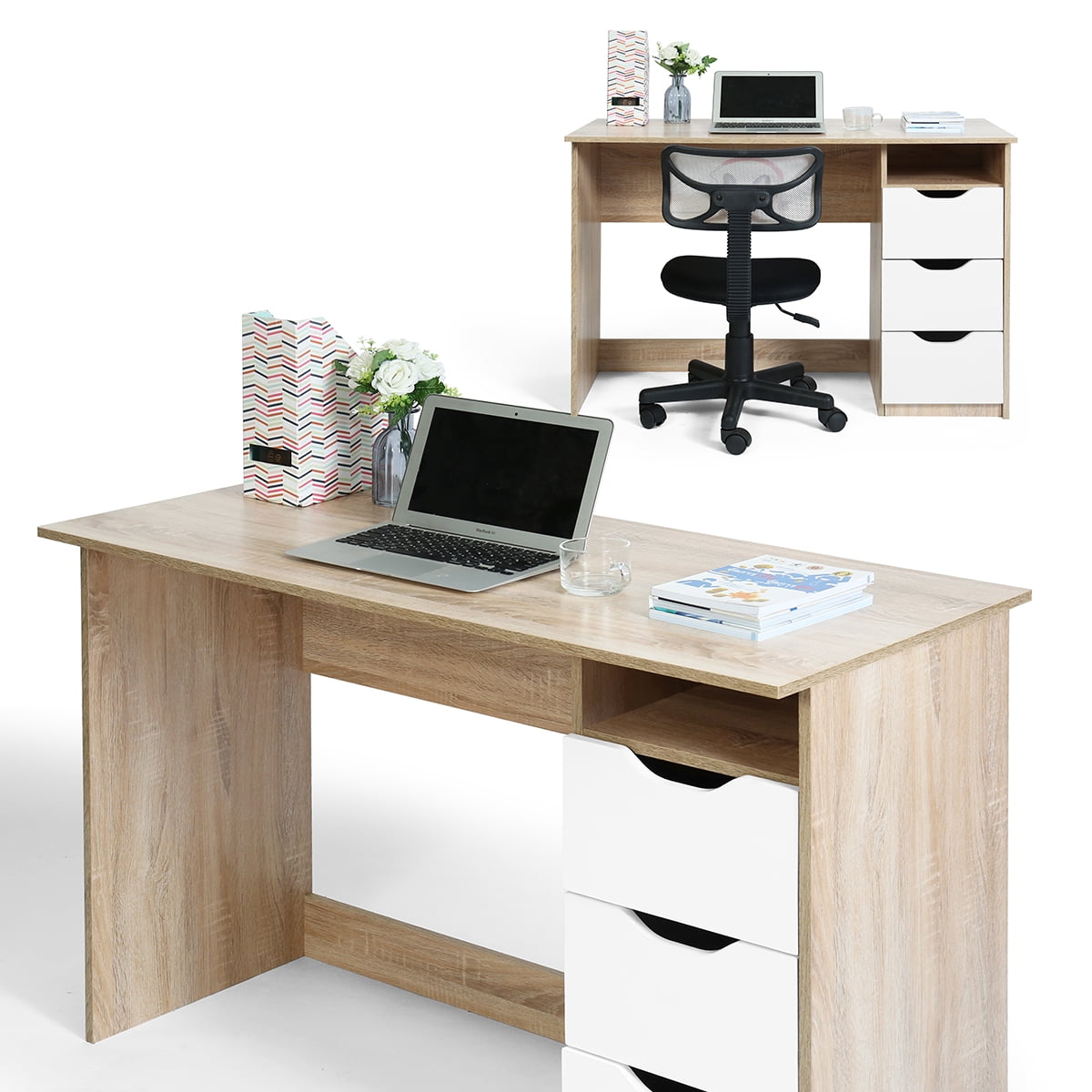 Private Jungle 43.3”Wood Corner Writing Table with Shelf 3 Drawers Storage for Home Office Private Jungle 43.3”Wood Corner Writing Table with Shelf 3 Drawers Storage for Home Office