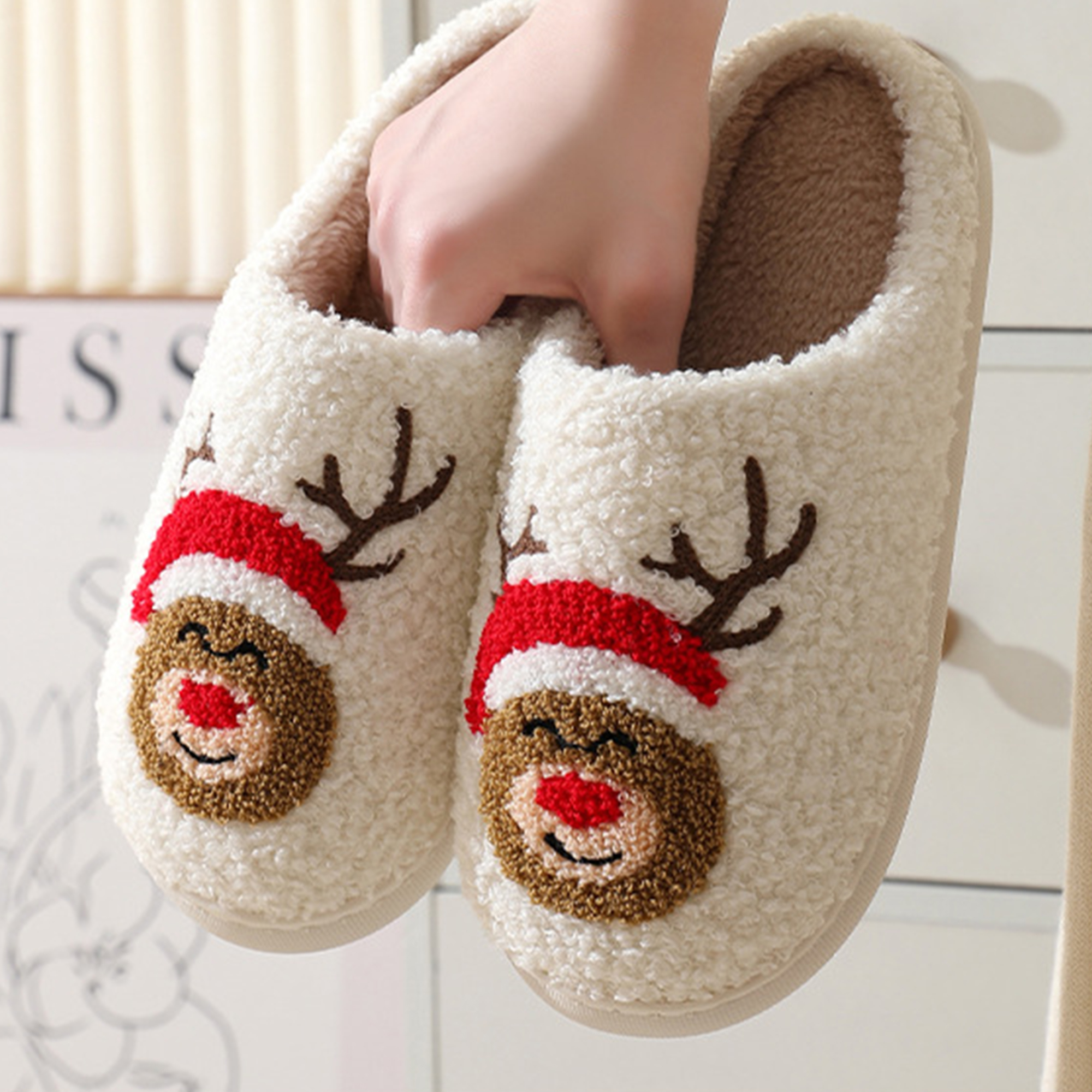 Chaussons Noël Homme Femme - Motif Père Noël Et Renne, Doux, Antidérapants - Pantoufles Chaudes Pour Intérieur/extérieur