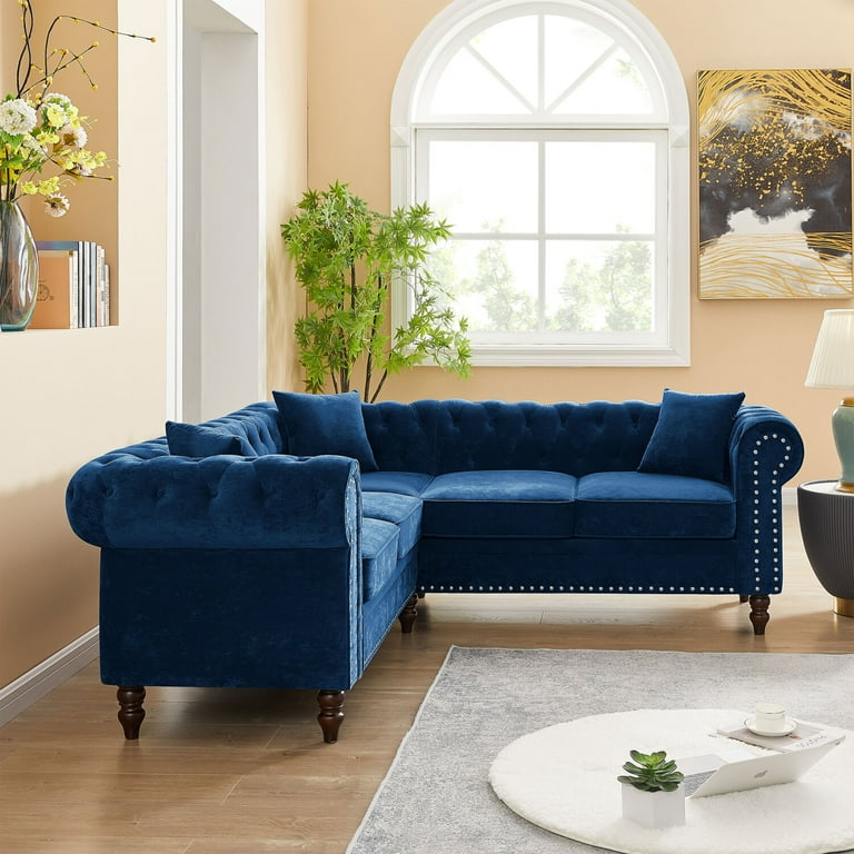80 Blue Velvet Chesterfield Corner Sofa Mid Century L shaped Couch with Deep Seat Walmart