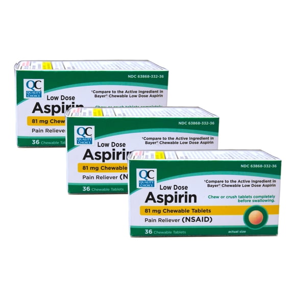 Quality Choice Low Dose Aspirin 81 mg Chewable Tablets, Pain Reliever (NSAID), 36 Count (Pack of 3)