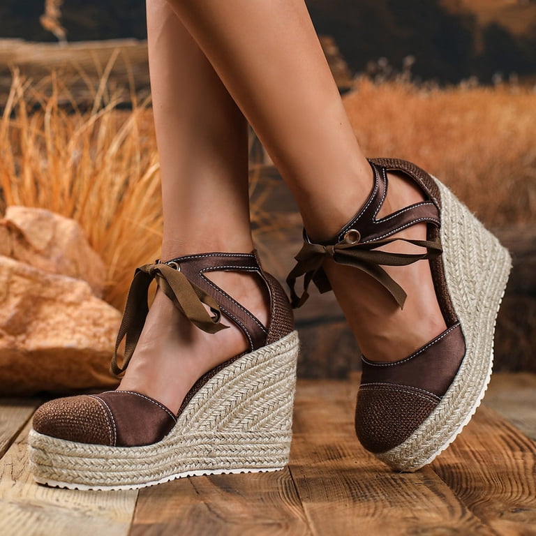 brown strappy dress shoes Rokment Platform Extra Wedge High Heels Dressy Shoes for Women Bride Wedding Beach Patchwork Closed Toe Espadrilles Chunky Heeled Strappy Dress