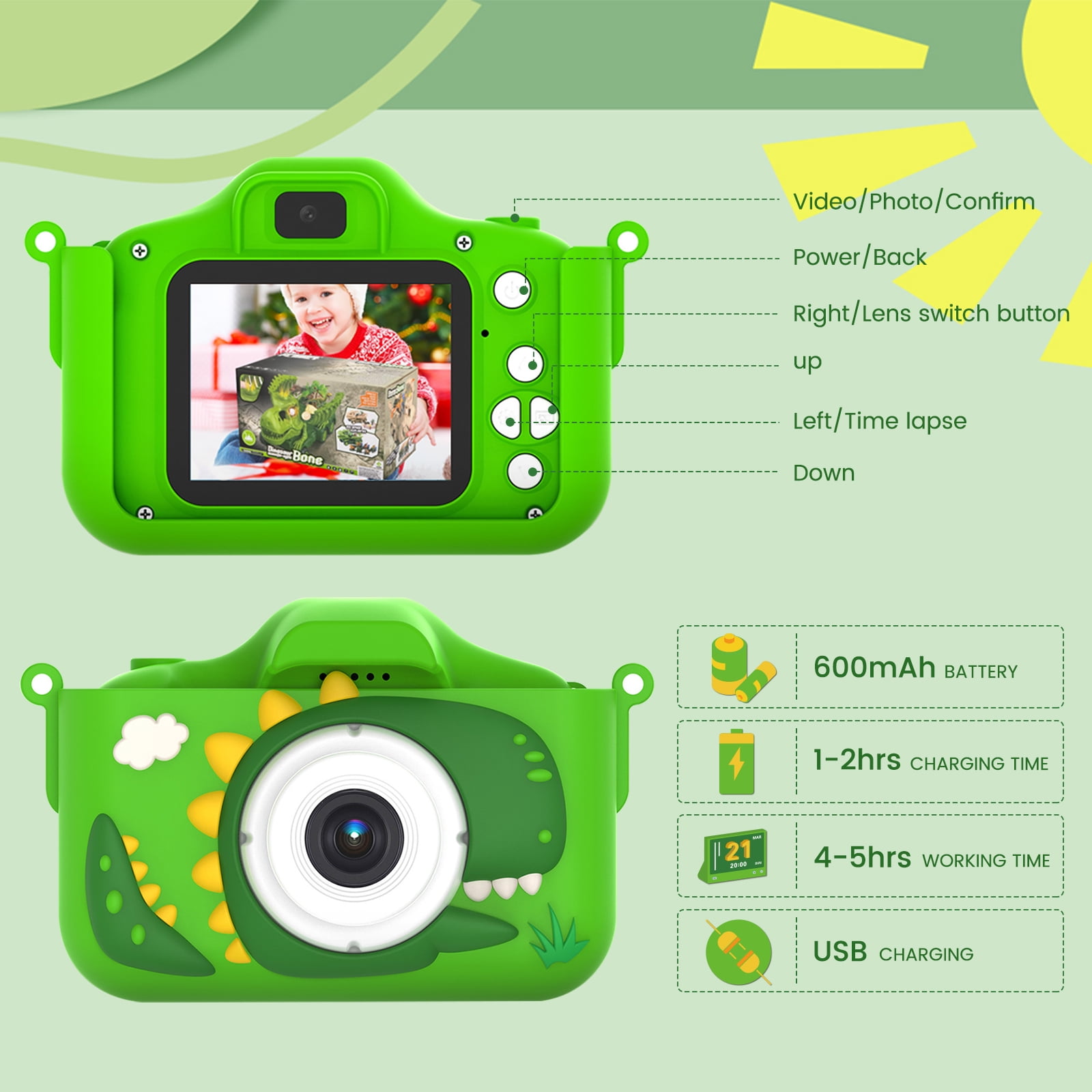 ALLJOY Kids Camera with 32GB SD Card 1080P Dinosaur Digital Camera for Kids Toddler 3 4 5 6 7 8 Year Old,Christmas Birthday Gifts