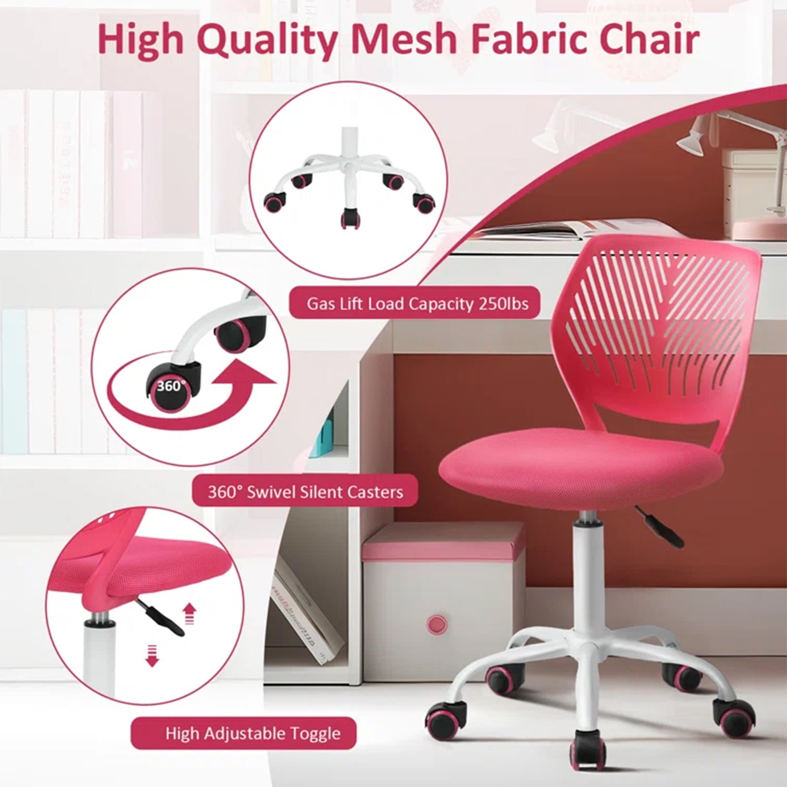 Homy Casa Kids & Teens Desk Chair with Adjustable Height and 360 Degree Swivel, Pink