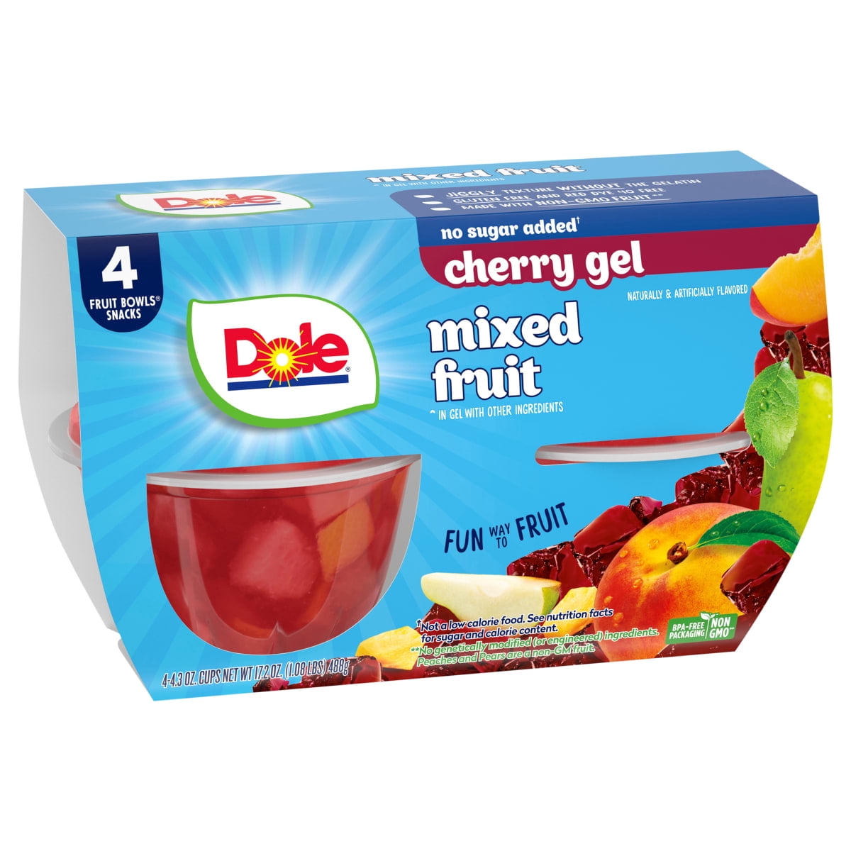(6 pack) Dole Fruit Bowls No Sugar Added Mixed Fruit in Cherry Gel, 4.3 oz Cups (4 Pack)