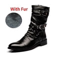 thumbnail image 3 of Botas de invierno a media pantorrilla con punta estrecha para hombre, botas Chelsea con correa y hebilla, botas de cuero para motocicleta, zapato de invierno para hombre de caña alta, 3 of 5