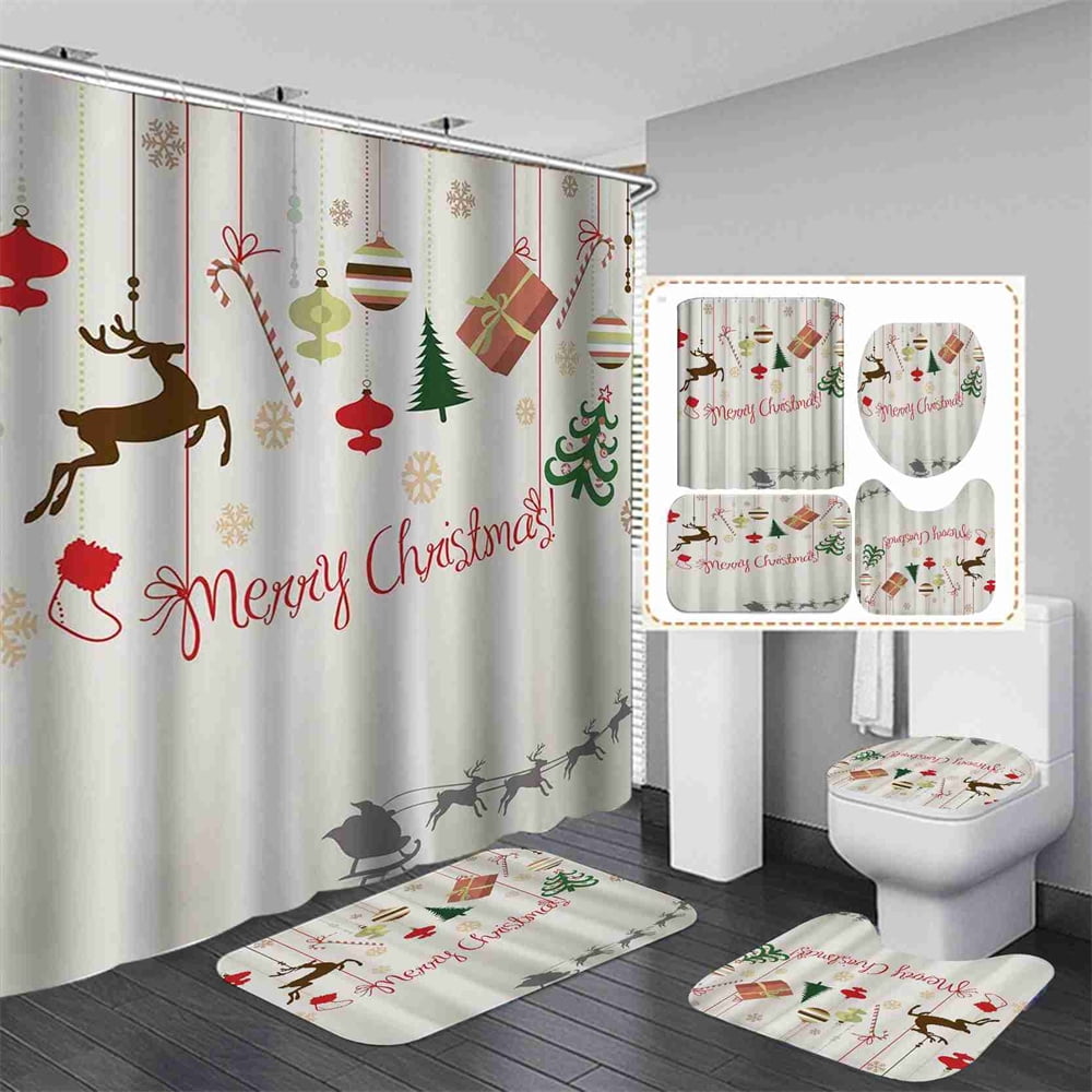 Merry Christmas Shower Curtain Set Of 4 With NonSlip Rug, Toilet Cover