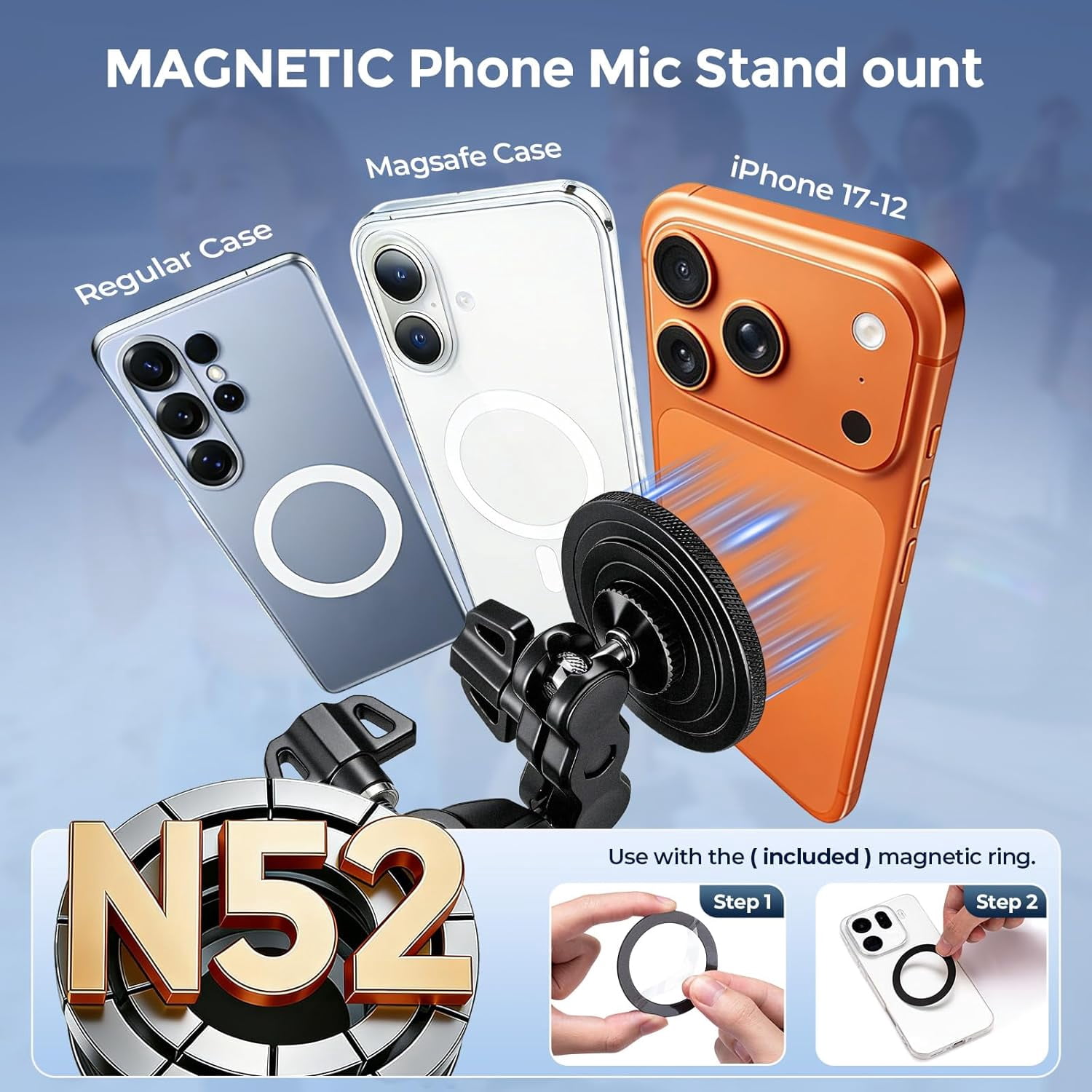Magnetic Phone Holder for Mic Stand, All-Metal 360° Rotatable Magnet Phone Mount with Clamp, Clip Phones Mount for Microphone & Sheet Music Stands, Compatible with Magsafe & iPhone 17-12