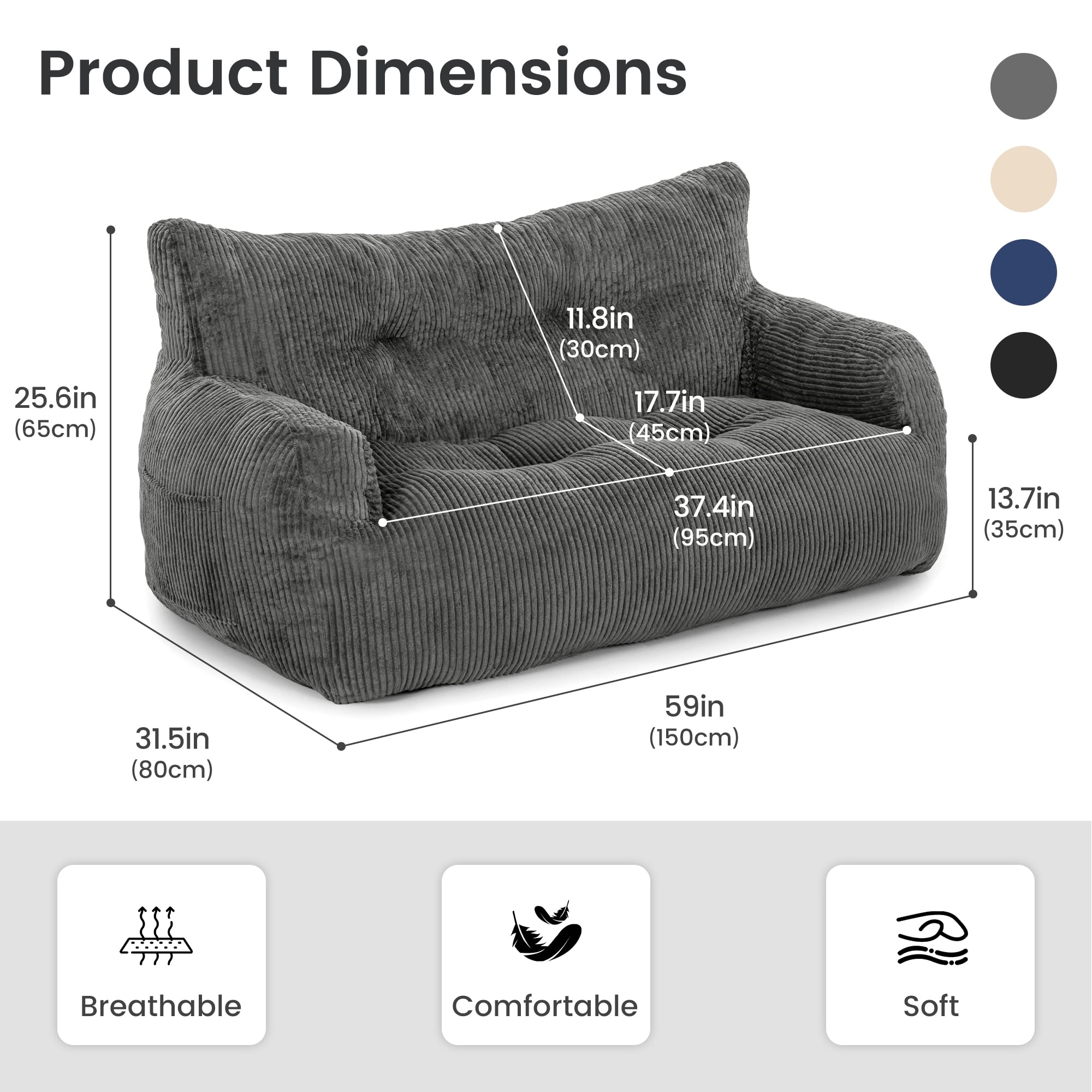 PamapicLife 2-Person Chill Plush Corduroy Bean Bag Sofa, Gray