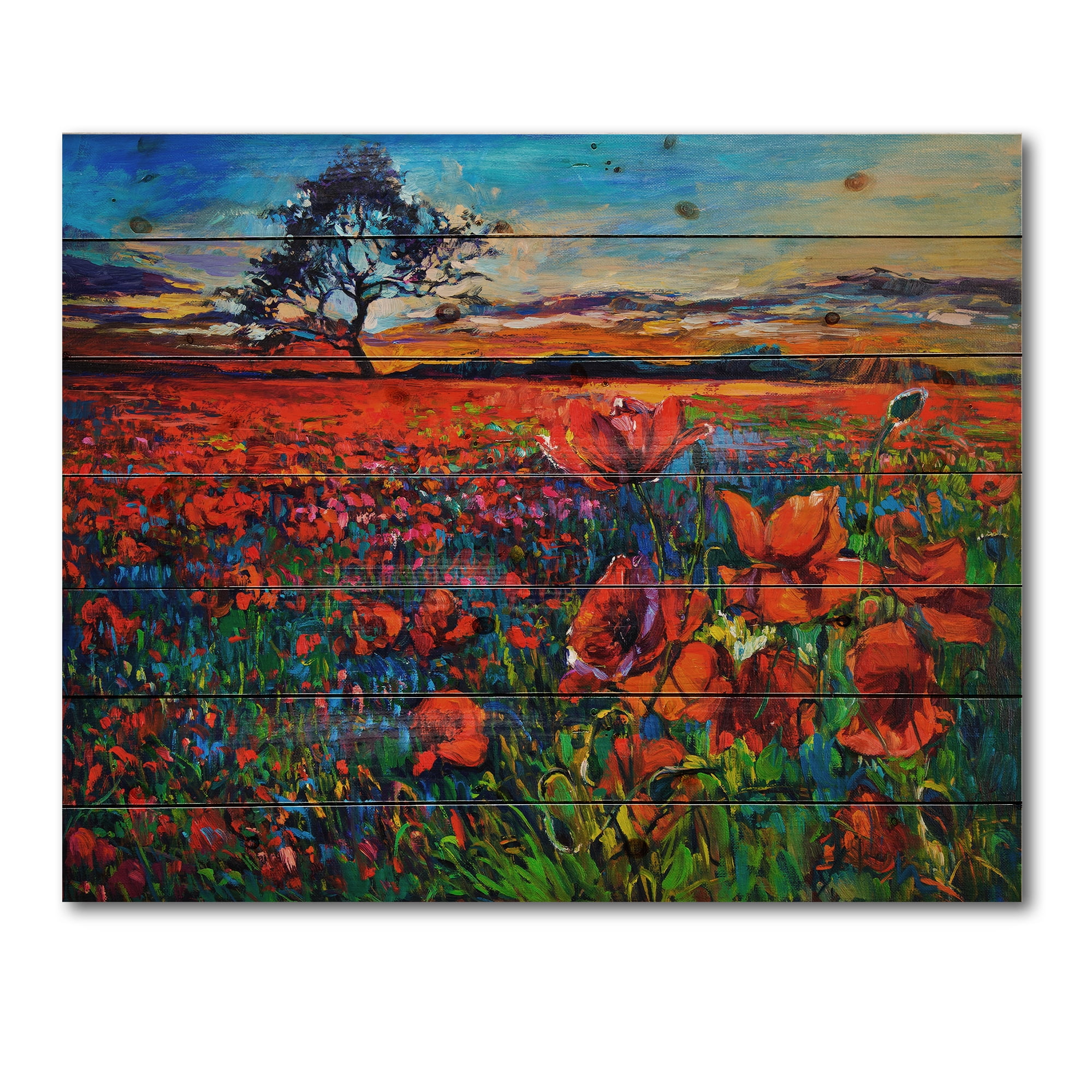 Designart 'Blossoming Red Poppy Fields With Distant Tree' Traditional Print on Natural Pine Wood
