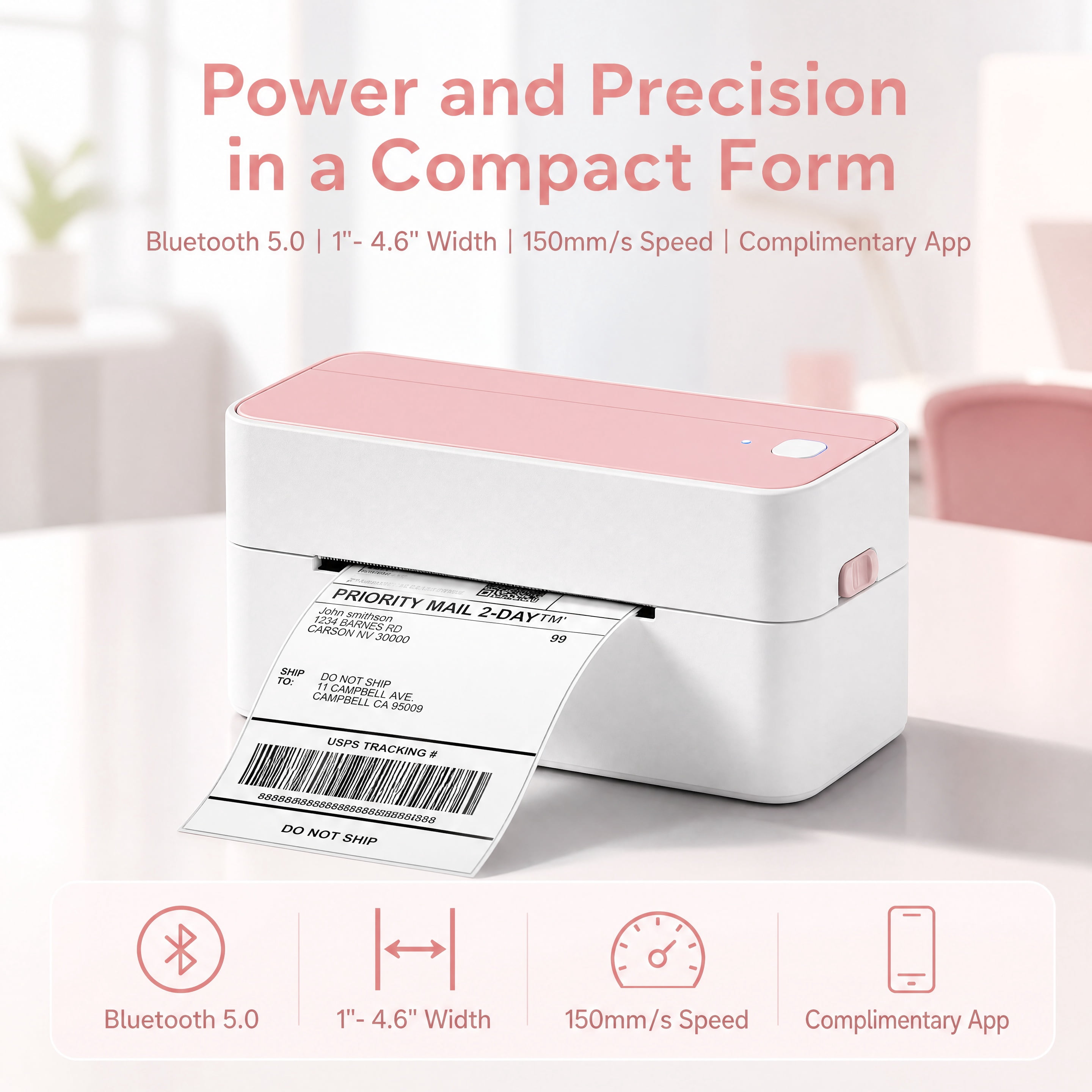 Wuduguer Shipping Label Printer - 241BT 4X6 Wireless Thermal Label Printer, Bluetooth Thermal Label Printers for Small Business, Compatible with iPhone, Android, Amazon, Shopify, UPS（Pink）
