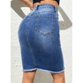 thumbnail image 2 of Blue Frayed Hem Pencil Denim Skirt Casual Fit Knee-Length, 2 of 5