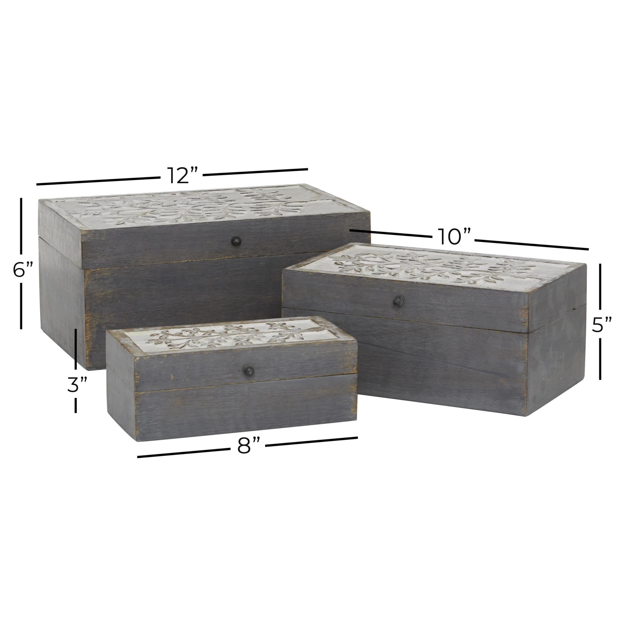 DecMode Floral Gray Wood Decorative Box with Hinged Lid, 3 Count