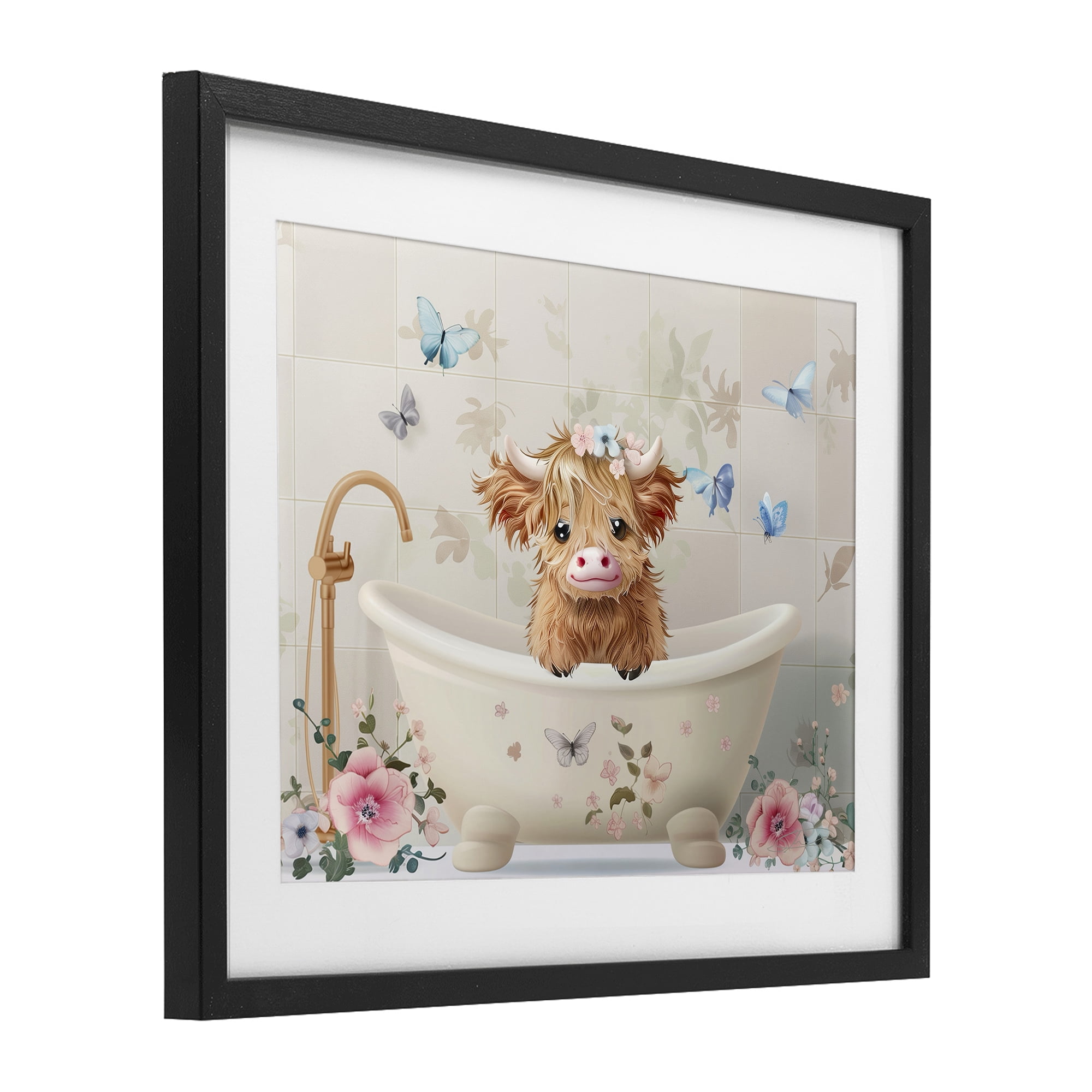 Baby Cattle in Floral Tub Black Framed Print Under Glass, design by Shawna Stewart