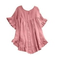 thumbnail image 2 of WBQ Women's Linen Tunic Tops Summer Ruffle Short Sleeve Crew Neck Loose Fit Blouse Flowy Solid Tunic Tops with Back Button Decor S-2XL, 2 of 3