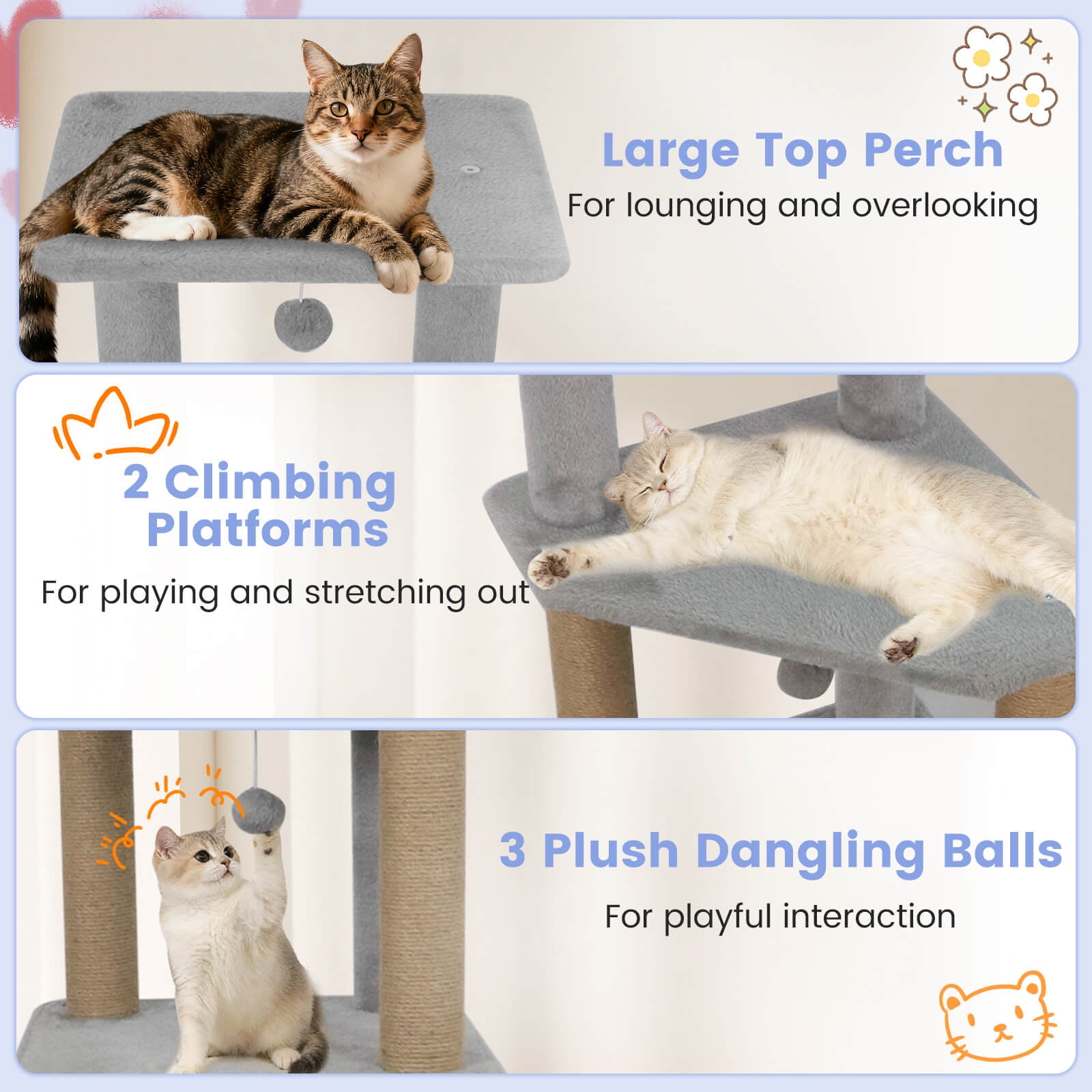 Costway 64” Tall Cat Tree with 2 Large Condos, Jute Scratching Posts, Plush Top Perch Light Gray