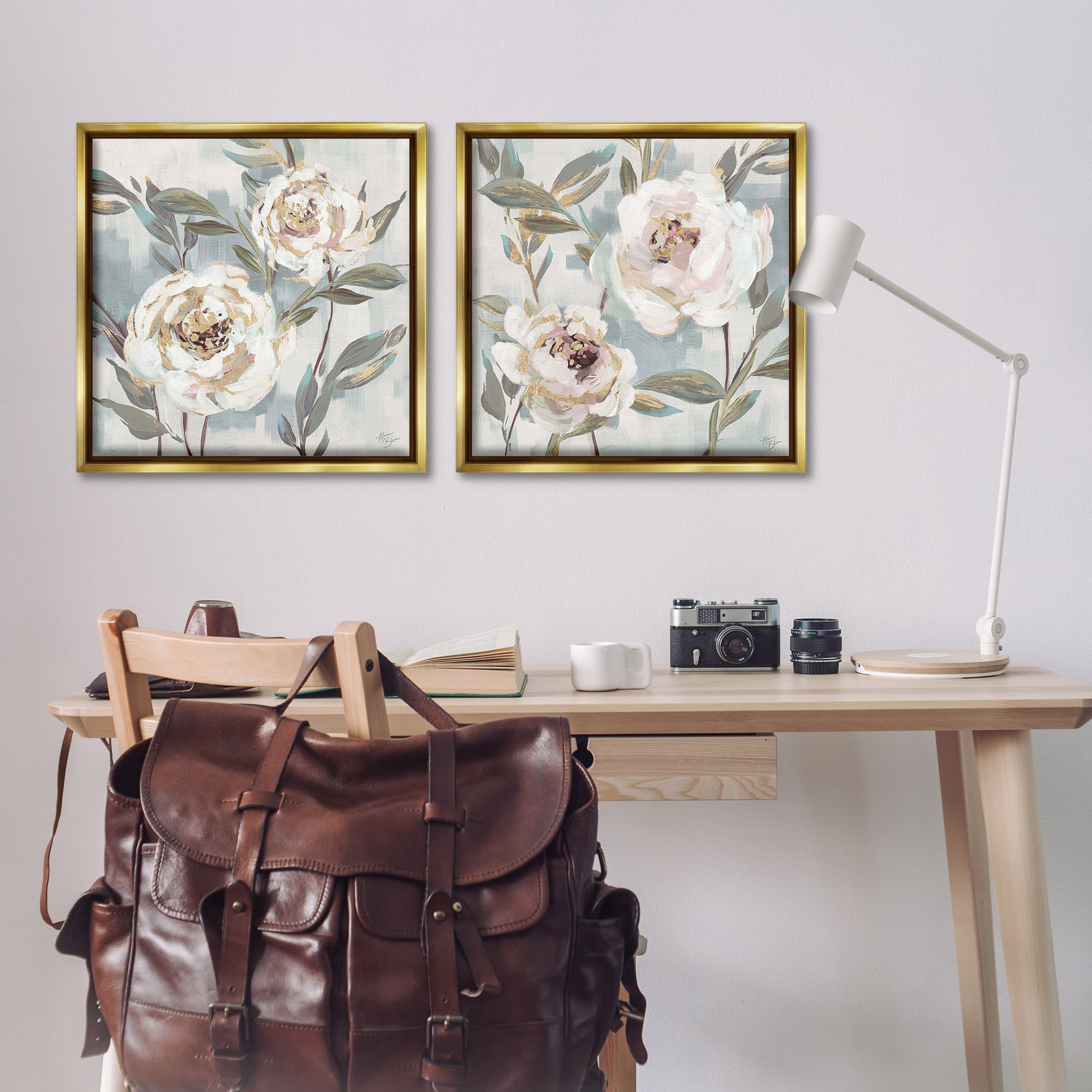 Stupell Industries Country Antique Blossoms Plants & Flowers Painting Gold Floater Framed Canvas Art Print Wall Art, 25 x 25, Set of 2