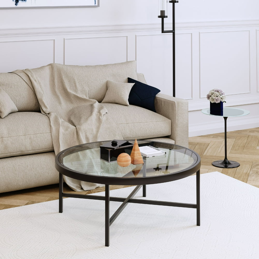 Contemporary Round Glass Coffee Table, Metal Cocktail Table, Glass Top