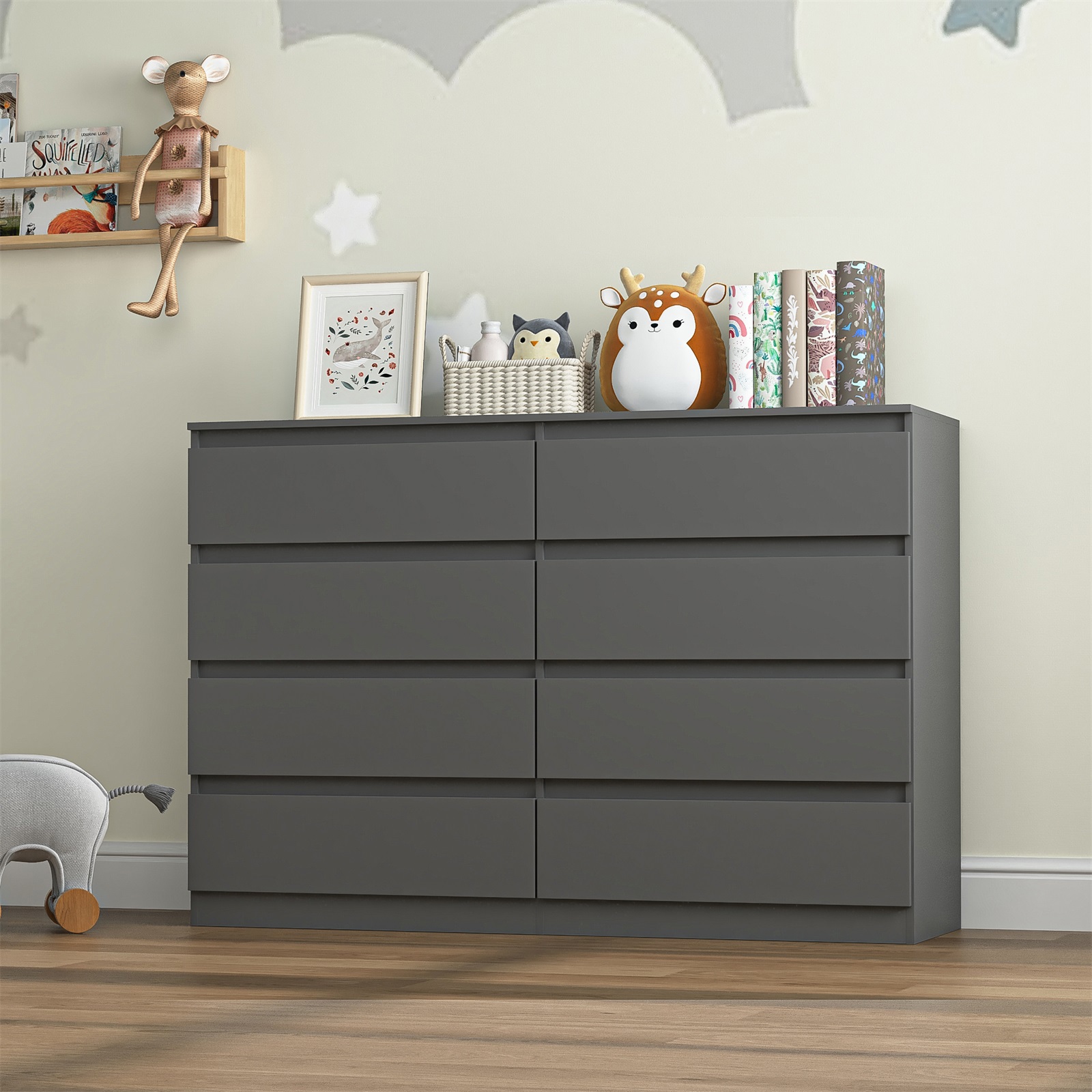 Hommoo Gray 8 Drawer Dresser, Wood Modern Storage Cabinet Dresser Organizer, Chest of Drawers for Living Room, Closet, Hallway, Nursery