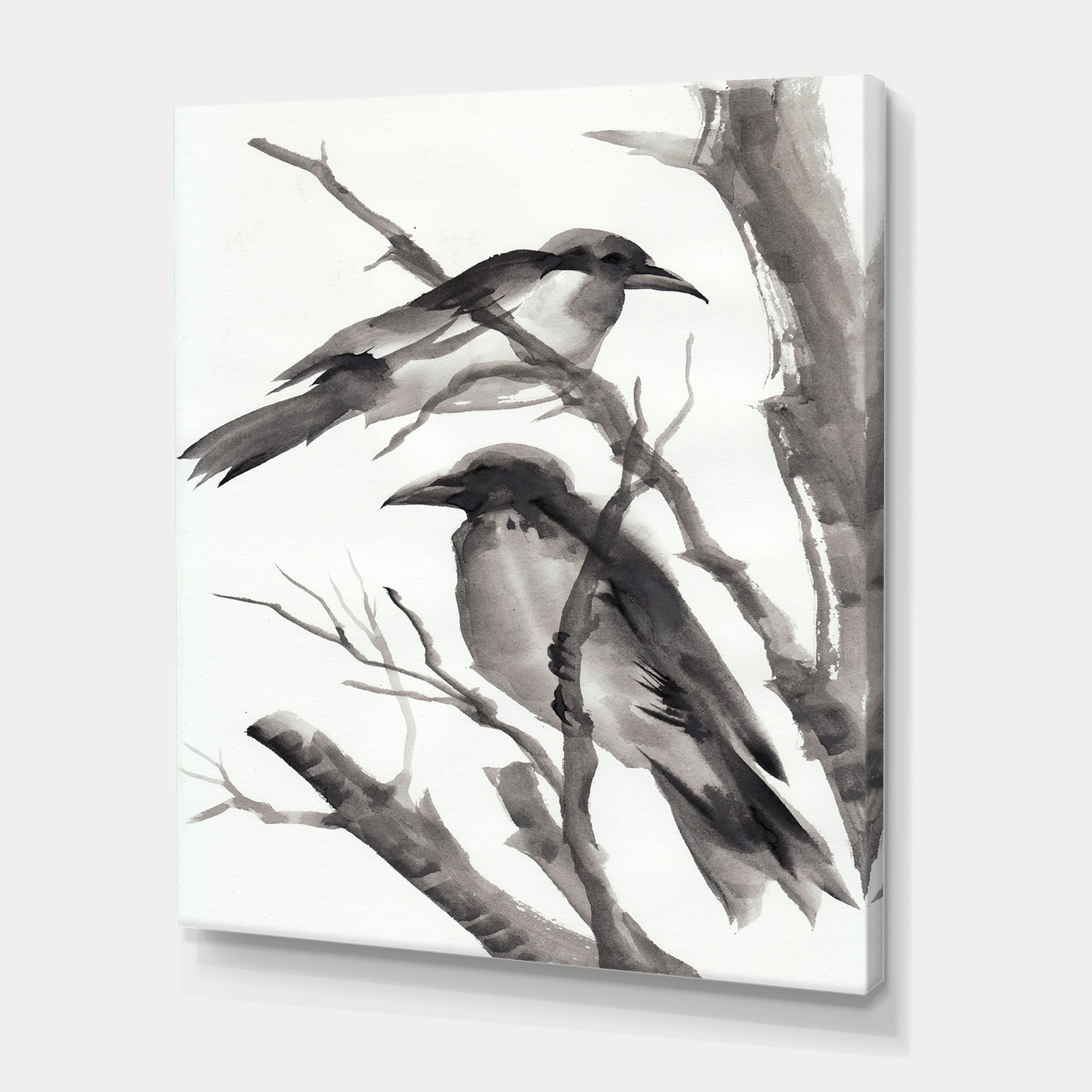 Designart ' Vintage Black and White Sleeping Crows ' Traditional Canvas Wall Art Print