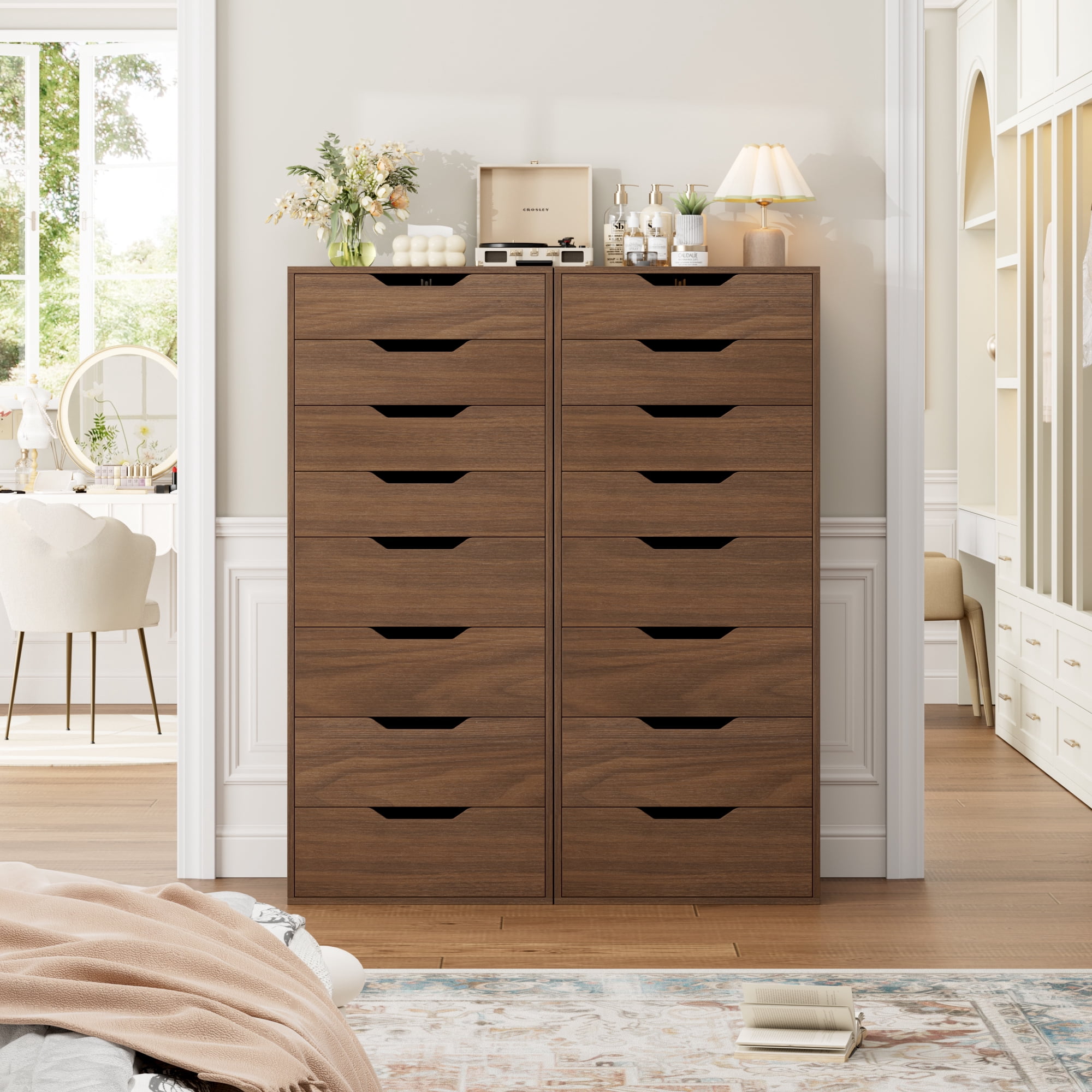 Homfa Compact 8 Drawer Bedroom Dresser for Small Spaces, Wood Tall Chest of Drawer, Walnut