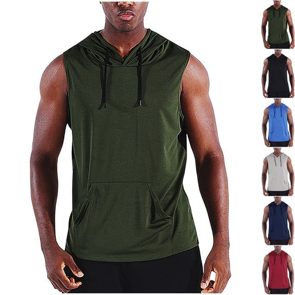 Mens Sleeveless Hooded T-Shirts Muscle Tank Tops Workout Mesh Quick Dry Athletic Training Shirts Summer Casual Bodybuilding Tee with Kangaroo Pocket