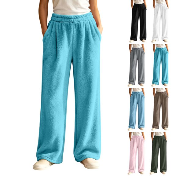 ClodeEU Women's Elastic Waist Fleece Wide Leg Lounge Pants ,Warm Winter Homewear Sleep Bottoms With Pockets ,Women's Plus L