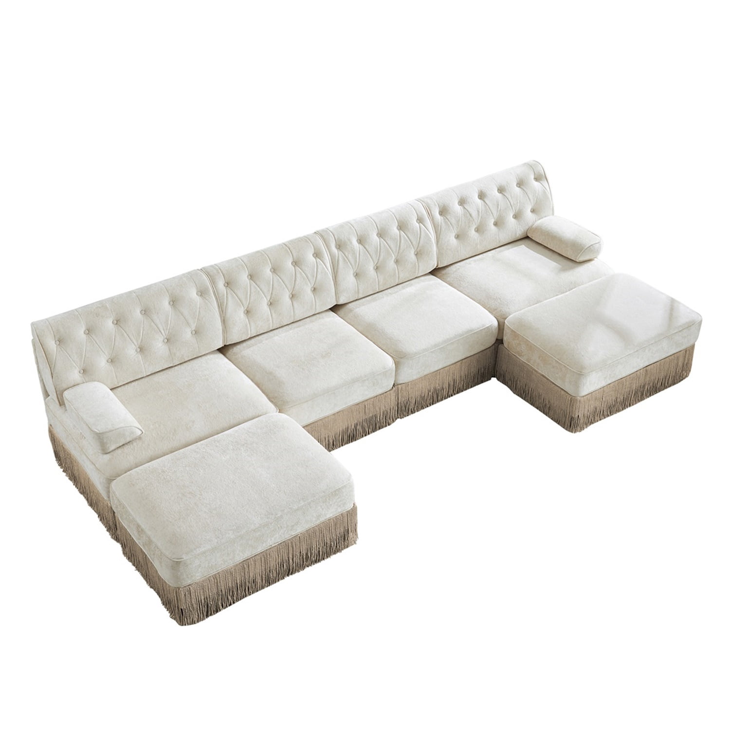 Hommoo 4-Seater Chesterfield Style Velvet Fabric U-Shaped Sectional Sofa with 2 Ottomans, Tufted Button Upholstered Design and Floor-grazing Tassel, Free Combination Sofa Couch Set, for Home, Beige