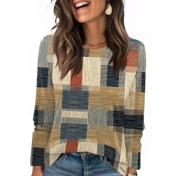 Nokdvo Women Sweatshirt Fall Winter Plaid Round Neck Pullover Long Sleeve Casual Loose Fit Tops,Beige XL