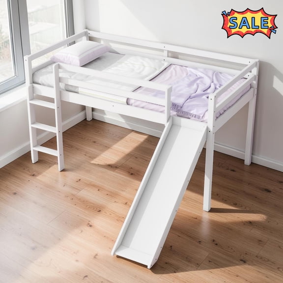 Tcbosik Twin Size Low Loft Bed with Slide, Wood Bed Frame with Ladder and Guardrail, Easy Assembly, White