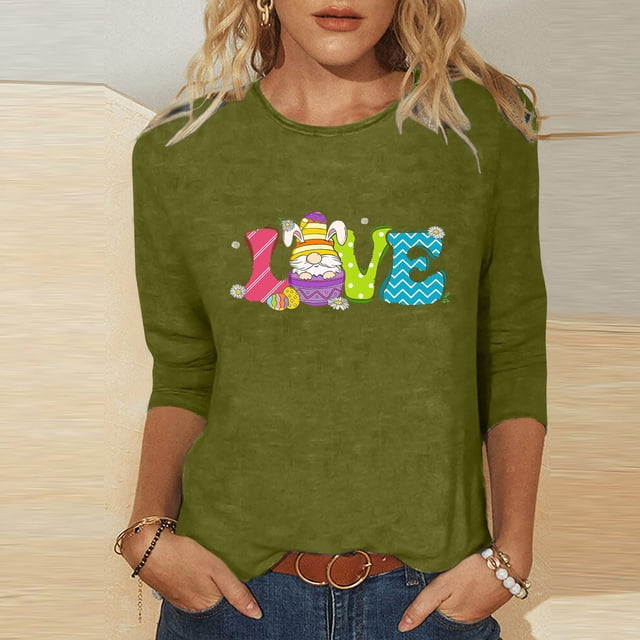 Xihbxyly Hauts Décontractés pour Femmes T-shirt Imprimé Col Rond de Pâques Manches 3/4 Col Rond Chandail Tendance à Petit Prix