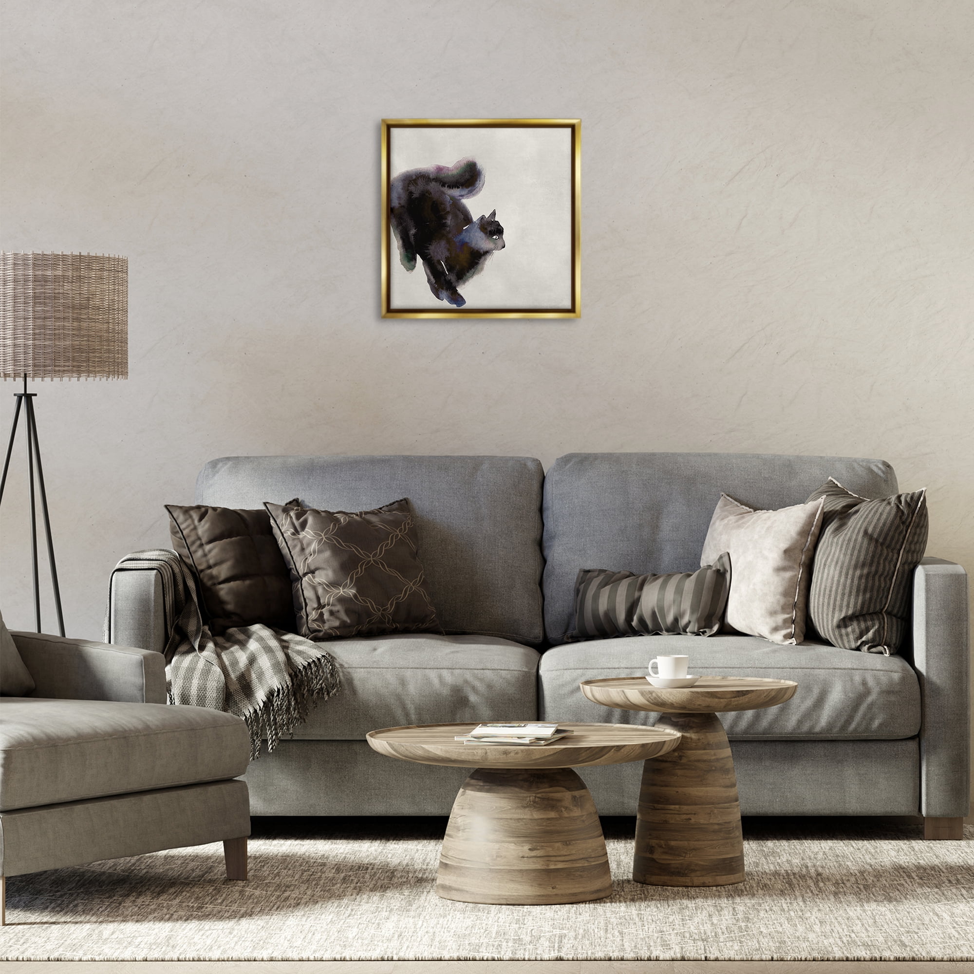 Stupell Industries Black Cat Watercolor Animals Painting Gold Floater Framed Canvas Art Print Wall Art, 18 x 18
