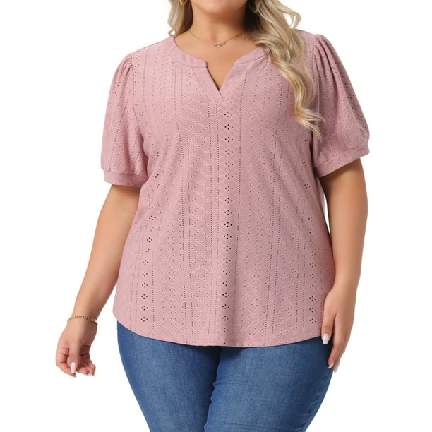 Blusas de verano de mujer plus size Agnes Orinda, con escote en V, mangas cortas y diseño hueco, talla 2X, color rosa