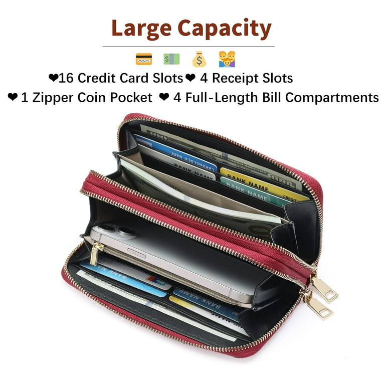 MINKUROW Women s Wallet Large Capacity Double Zip Around Credit Card Holder Leather Ladies Wallet with RFID Blocking Phone Wristlet Purse Wine Red Walmart