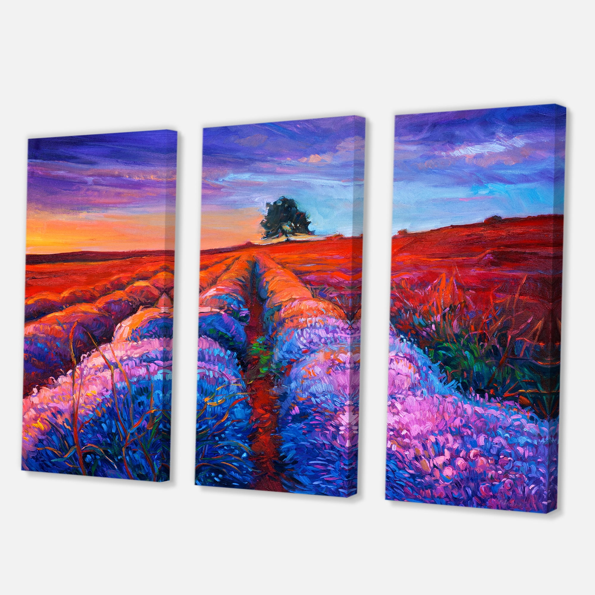 Designart ' Lavender Fields With Distant Tree & Sunset Glow ' Farmhouse Canvas Wall Art Print