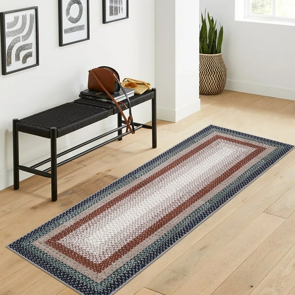 HOMERRY Braided Print Border Runner 2' x 10' for Hallway Modern Washable Throw Rugs for Kitchen Indoor Carpet, Blue