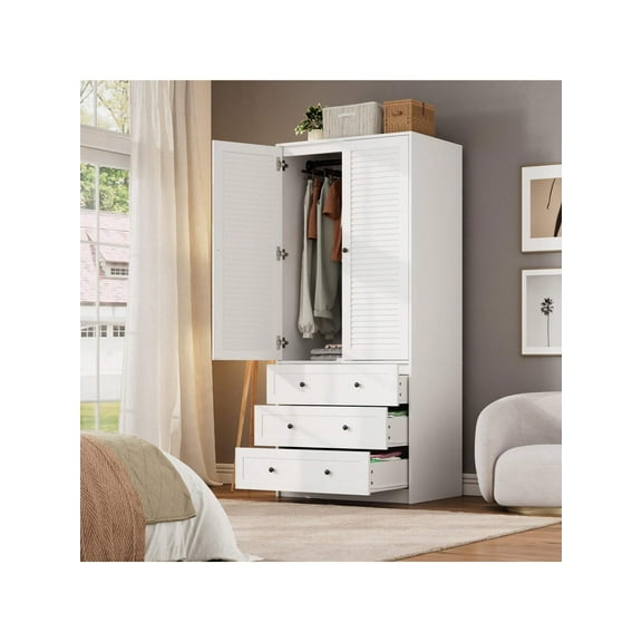 Studyset Armoire Wardrobe Closet With 3 Drawers And 2 Doors,Modern Wooden Wardrobe Cabinets,2-Door Wardrobe Cabinet,Freestanding Closet Bedroom Armoire Clothing Organizer Freestanding Closet