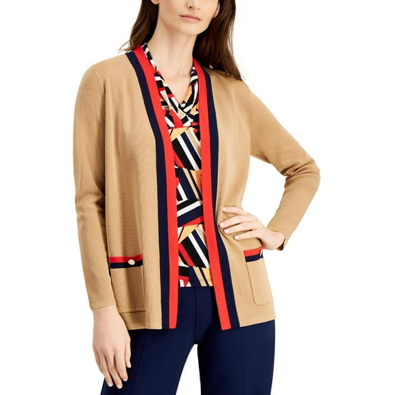 Anne Klein Womens Petites Knit Contrast Trim Cardigan Sweater