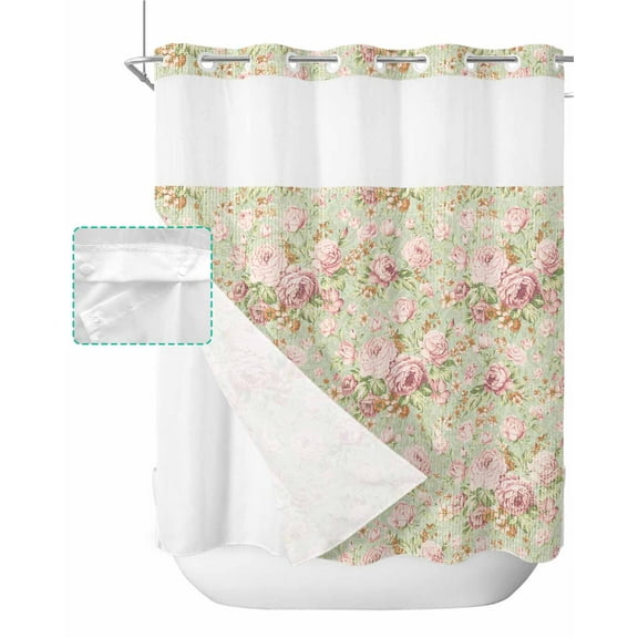 No Hook Shower Curtain with Snap in Liner, Vintage Flower Pink Camellia Floral Sage Green Hotel Shower Curtains for Bathroom, Washable Shower Curtain Liner Set with Mesh Top Window, 72"x72"