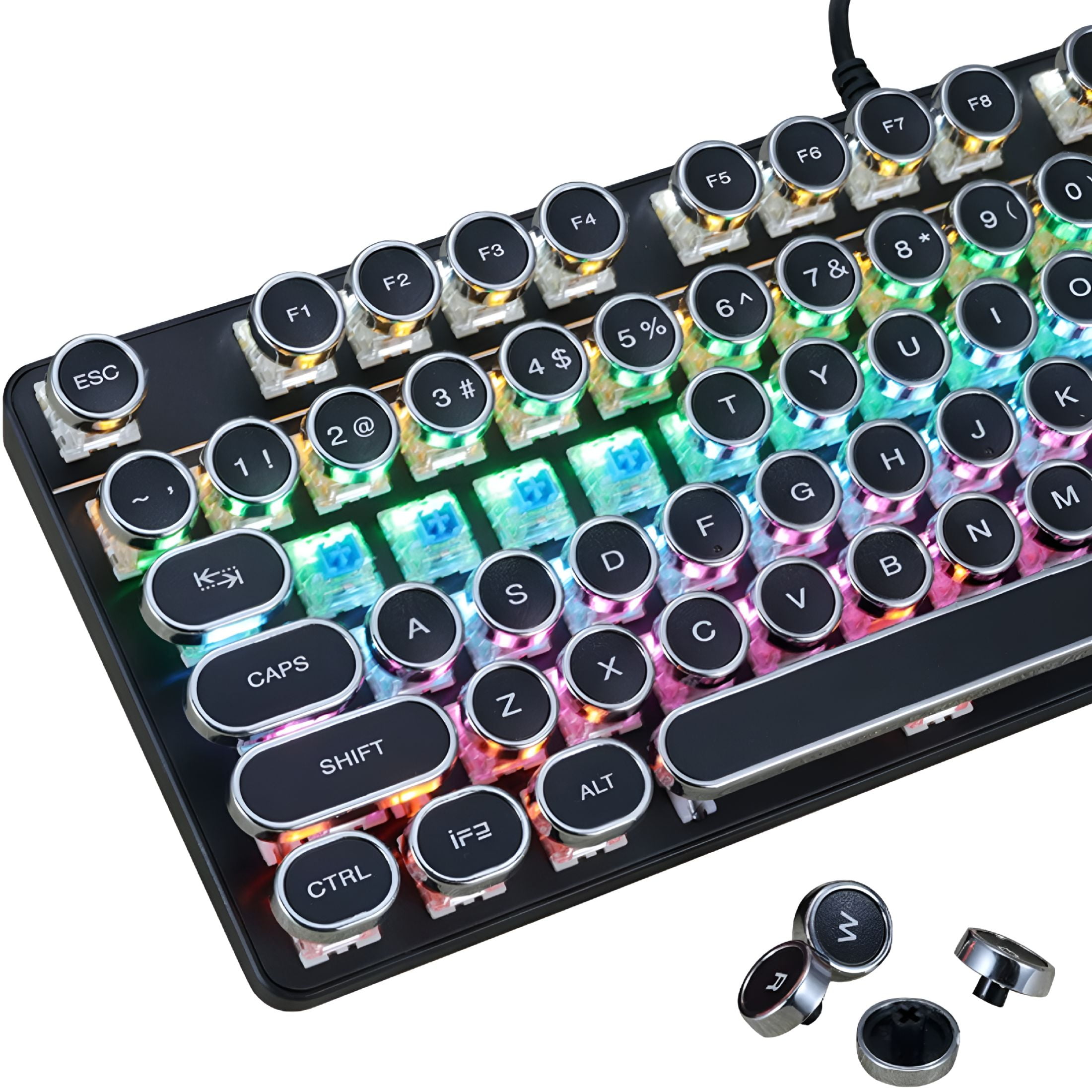 GJX Mechanical Gaming Keyboard Typewriter Style with RGB LED Rainbow Backlit Blue Switch Retro Steampunk Round Keycaps for Windows Gaming PC (87 Keys), Elegant Black
