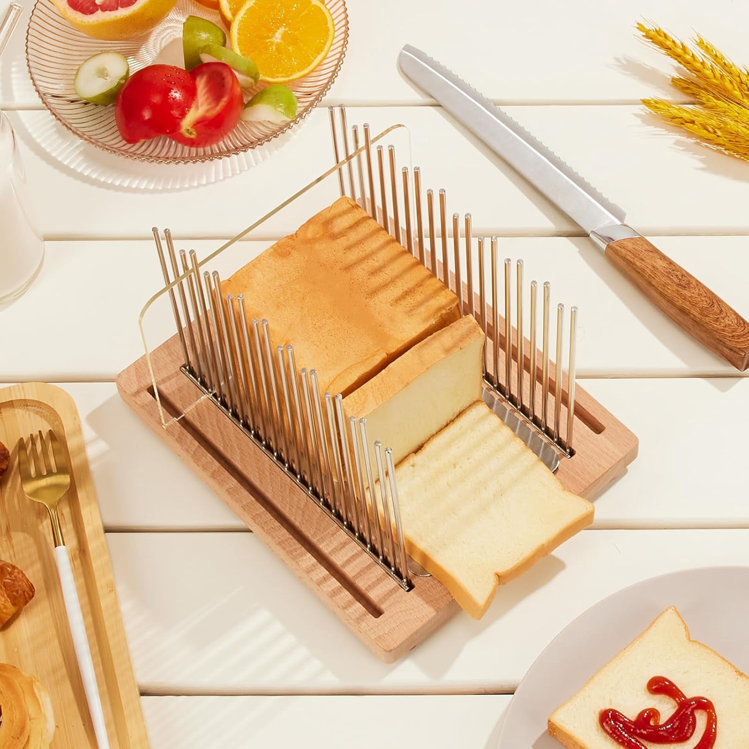 Bread Slicer, Stainless  Bread Slicer for Homemade Bread,Adjustable Bread Slicing Guide with Beechwood Bread  Board for Loaf,Bagels & Baguette, Durable and  Wooden Structure