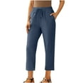 thumbnail image 2 of Karight Women's Linen Crop Pants Capris with Pockets Dark Blue, 2 of 7