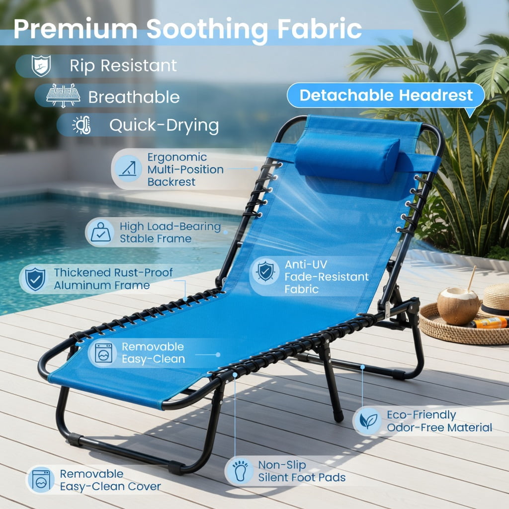 Hommoo Foldable Reclining Lounge Chair with Adjustable Backrest & Footrest, Portable Beach & Camping Chair, Navy