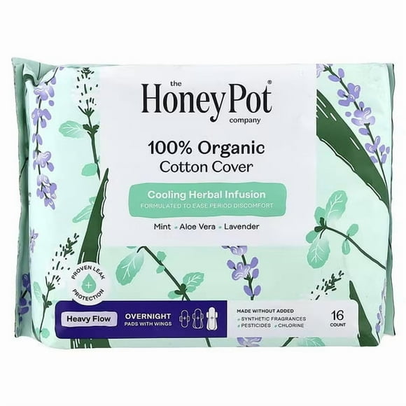 The Honey Pot Company, 100% Organic Cotton Cover Heavy Flow Overnight Pads, 16 Count