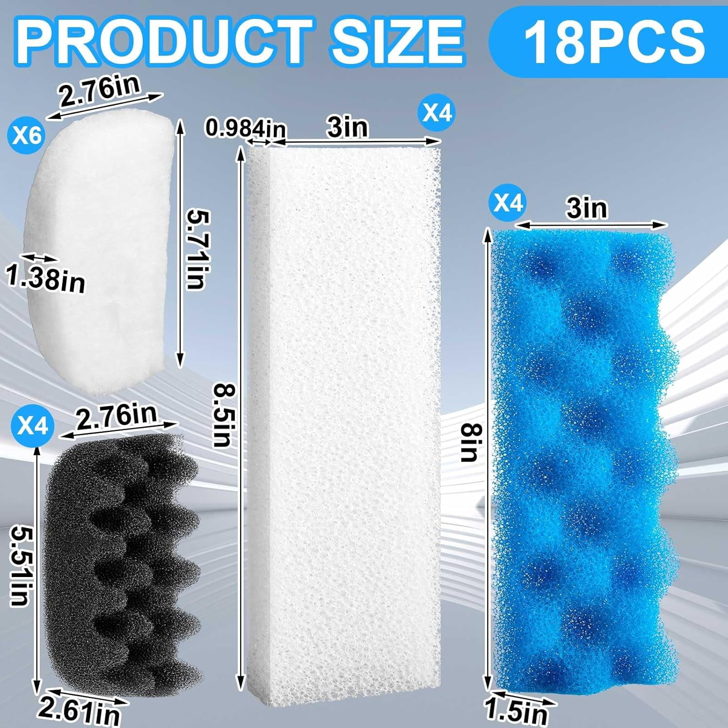 18 Pcs Compatible with 206/207 Aquarium Filters Sponge Set, Including Foam Pad, Water Polishing Pad, Foam Max, for Replacement Filter Media