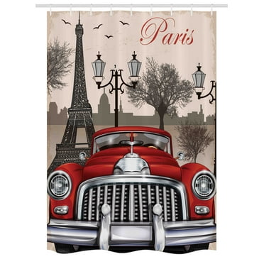 Retro Stall Shower Curtain, European Parisian City Scenery with Old Auto Mousque and Eiffel Silhouette Art, Fabric Bathroom Set with Hooks, 54W X 78L Inches, Red Cream Grey, by Ambesonne