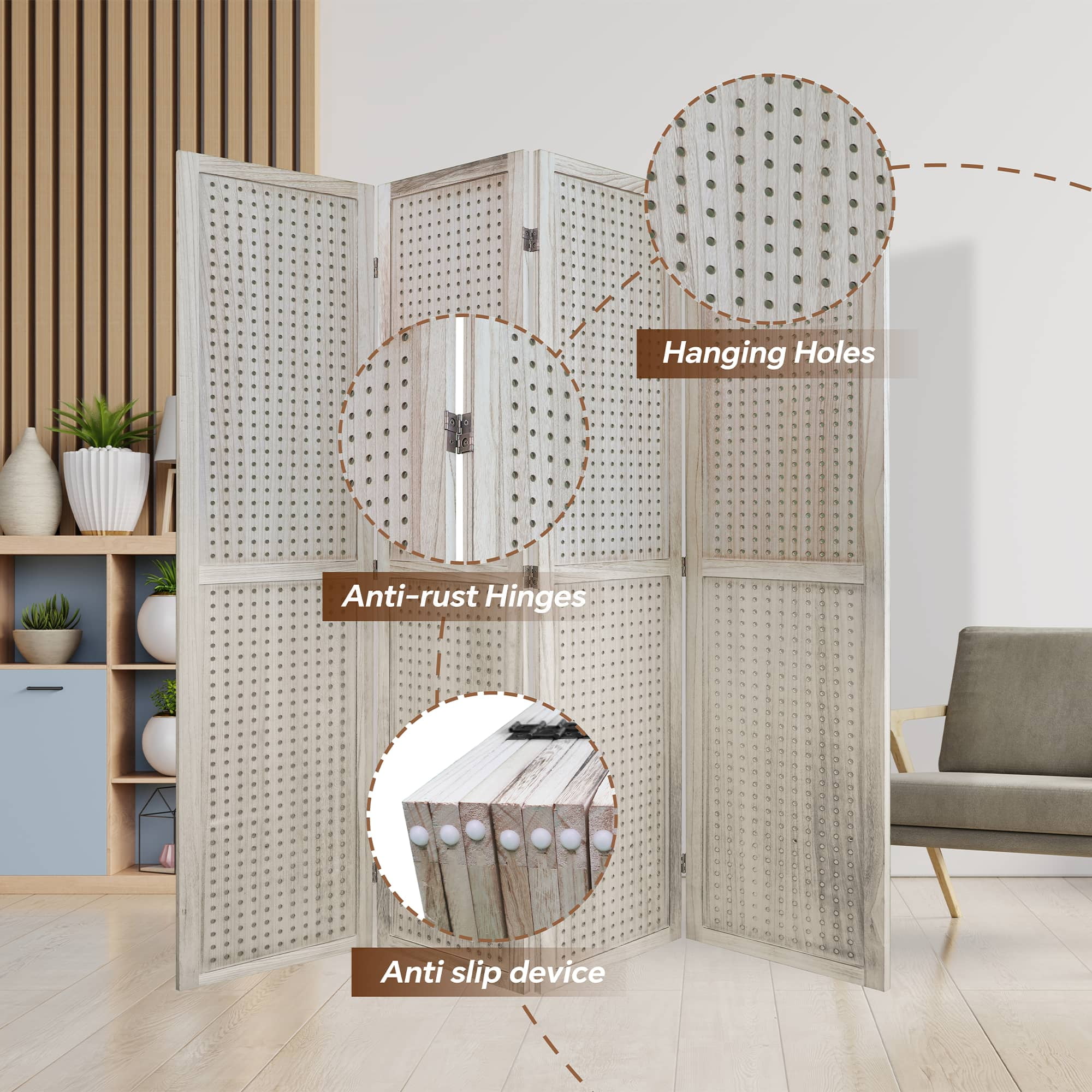 MAYEERTY 4 Panel Room Divider, 5.6Ft Wooden Freestanding Privacy Screen with Shelves, Natural Wood