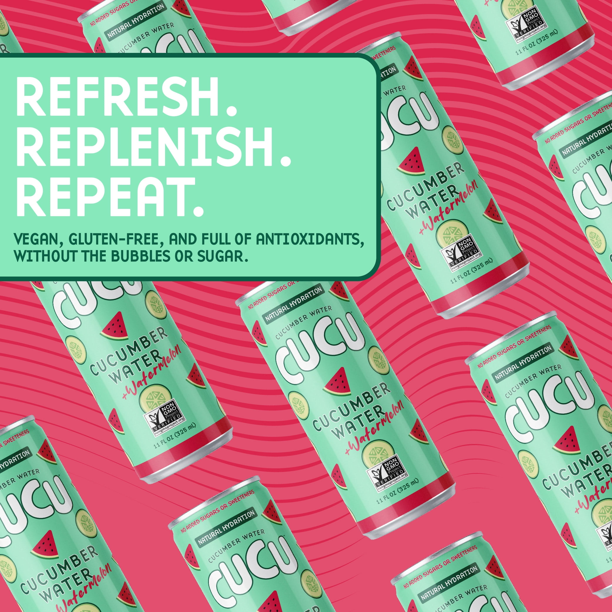 CUCU Pressed Cucumber + Watermelon Water, Real Cucumber & Watermelon Juice, Vitamin C, No Sugar Added, Non-GMO, 11 fl oz, 12 Pack
