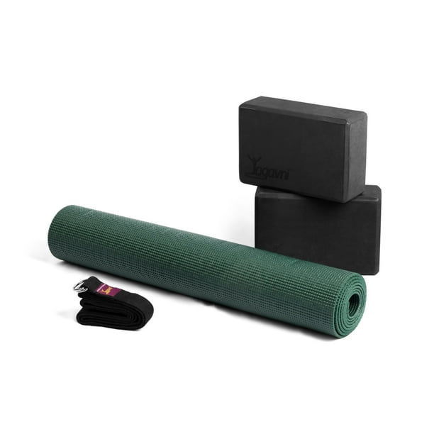 Yoga Travel Kit - 0.16in/4mm Yoga Mat with Carry Loop 8ft/2.4m D Ring Strap  1pr 3in/7.5cm Foam Blocks - 5pc - Yogavni (Forest Green)