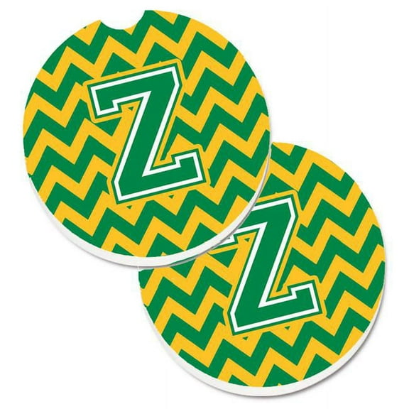 Letter Z Chevron Green & Gold Set of 2 Cup Holder Car Coaster